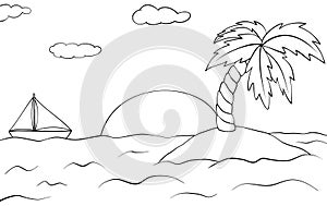 Desert island with palm tree and ship. Summer sunset landscape. Vector outline illustration. Coloring book for children