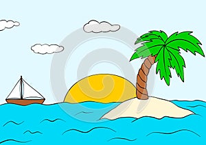 Desert island with palm tree and ship. Summer sunset landscape. Vector tropical isle clipart