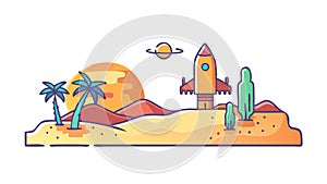 Desert Island Rocket Launch, Sci-Fi Exploration Adventure, vector design Generative AI