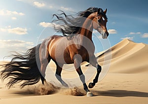 Desert Journey: Beautiful Bay Horse Galloping Across Arid Sands