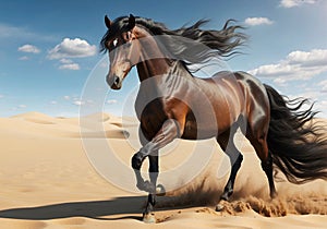 Desert Journey: Beautiful Bay Horse Strolling Across Arid Sands