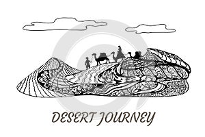 Sand dune journey on camels. Zenart, zentangle vector design, desert travel concept art