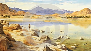 Desert Lake Painting In The Style Of Chris Riddell And Iain Faulkner