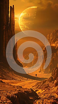 Desert landscape on alien planet,sand dunes and sun set in background. Science fiction scene