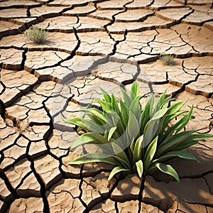 Desert landscape with arid climate and green plants. Green plant on cracked earth background.