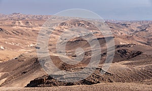 Desert landscape with bedouin settlement in the Judaean Desert, Israel.