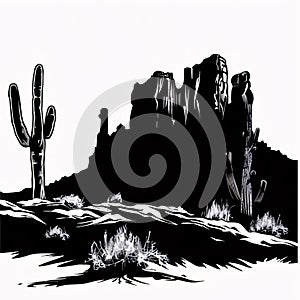 Desert landscape with cacti and mountains in black and white
