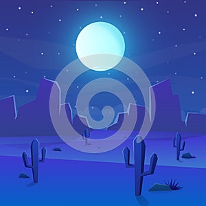 Desert landscape with cactus and full moon on night