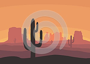 Desert landscape with cactus, hills and mountains silhouettes. Nature sunset on a background of a mountain landscape