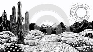 Desert Landscape Cactus Line Art in Monochrome photo