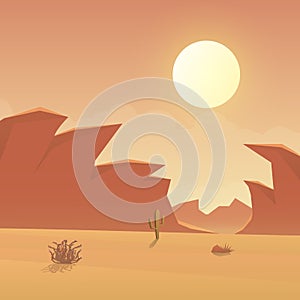Desert landscape with cactus and mountain on sunset