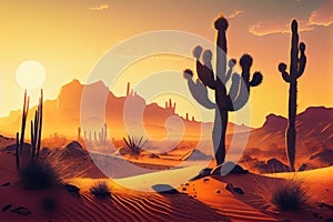 desert landscape with cactus and sand dunes, sunrise in the background