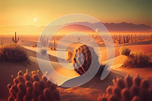 desert landscape with cactus and sand dunes, sunrise in the background