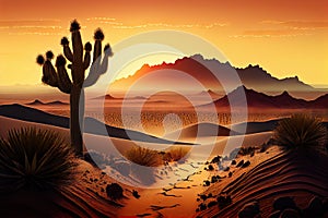 desert landscape with cactus and sand dunes, sunrise in the background