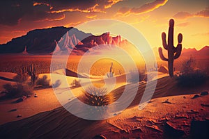 desert landscape with cactus and sand dunes, sunrise or sunset