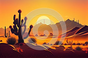 desert landscape with cactus and sand dunes, sunrise or sunset