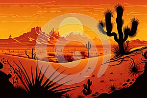 desert landscape with cactus and sand dunes, sunrise or sunset