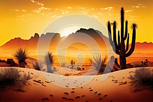 desert landscape with cactus and sand dunes, sunrise or sunset