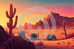 desert landscape with cactus and sand dunes, sunrise or sunset