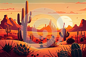 desert landscape with cactus and sand dunes, sunrise or sunset