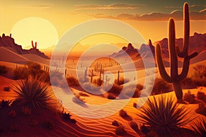 desert landscape with cactus and sand dunes, sunrise or sunset