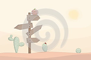 Desert landscape with cactus, signs and bird vector