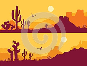 Desert landscape with Cactuses. Arizona desert mountains silhouette Vector nature horizontal background