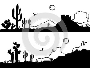 Desert landscape with Cactuses. Arizona desert mountains black silhouette isolated on white. Vector nature horizontal background