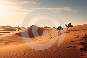 Desert landscape with camel and sand dunes. 3d rendering, Camelcade on sand dune at desert, AI Generated