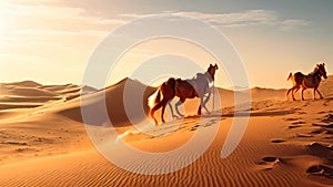 Desert landscape with camel and sand dunes. 3d rendering, Camelcade on sand dune at desert, AI Generated