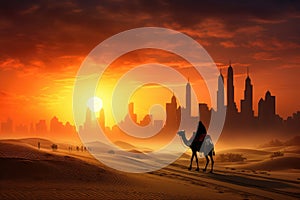 Desert landscape with camel and skyscrapers in Dubai, UAE, Camel caravan on sand dunes in the Arabian desert with the Dubai