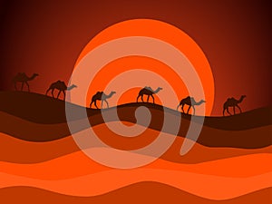 Desert landscape with a caravan of camels in the background of the sun. Vector