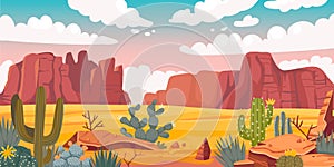Desert landscape. Cartoon sand horizon with rocks, cactus and sandy valley. Vector wild desolated background photo