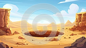 The desert landscape is characterized by golden dunes and a dug pit in the soil. The cartoon modern illustration is an