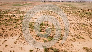 Desert landscape. Dirt road that crosses a desert. Aerial view