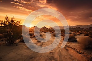 desert landscape, with dramatic sunrise and sunset skies