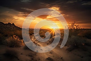 desert landscape, with dramatic sunrise and sunset skies