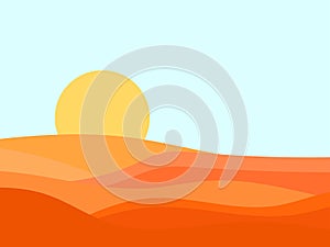 Desert landscape with dunes in a minimalist style. Yellow sun flat design. Boho decor for prints, posters and interior design. Mid