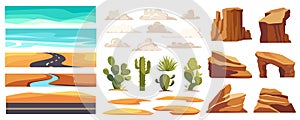 Desert landscape elements constructor mega set in flat graphic design. Vector illustration