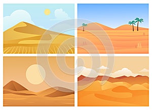 Desert landscape. Hot sunrise and sunset, palm trees in sand, dry blue sky, sandy quarries of Sahara desert, beautiful