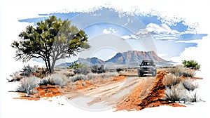 Desert Landscape Illustration With Off Road Vehicle photo