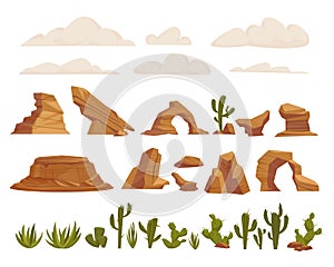 desert landscape items set. dry desert fauna, cacti, dried trees, rocks stones, tumbleweed, green piked plants. vector
