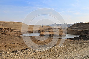 Desert landscape and a lake near David Gargi monastery, Georgia