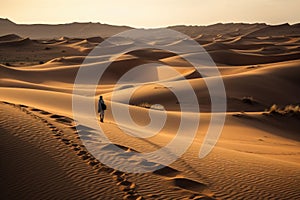 desert landscape, with lone figure on camel trek across the sands