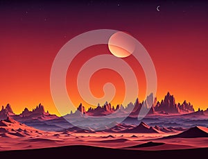 A desert landscape with mountains in the background and a small planet in the sky.