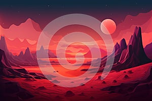 a desert landscape with mountains and a red moon in the sky at night with stars and a bright red light shining on the distant