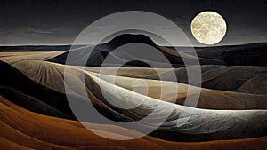 Desert landscape at night, full moon in the sky. Impressive sand dunes. Digital illustration.