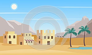 Desert landscape with oasis, house, and palm tree in day light. Arab city in desert. Vector illustration
