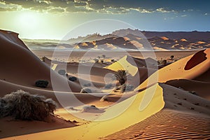 A desert landscape with orange sand dunes, scattered shrubs, a central palm tree, and a bright yellow sunrise against a light blue