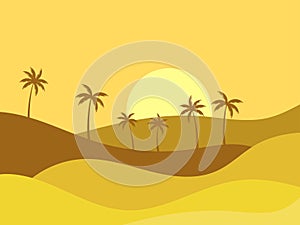 Desert landscape with palm trees and sand dunes. Silhouettes of palm trees at sunrise in the desert. Wavy landscape with sand